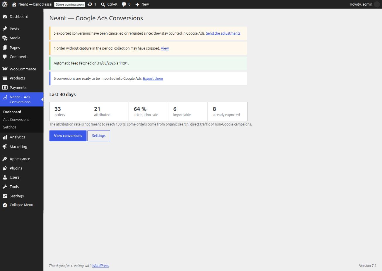 Dashboard: conversions ready to import, adjustments waiting, feed status, and the figures for the last thirty days.