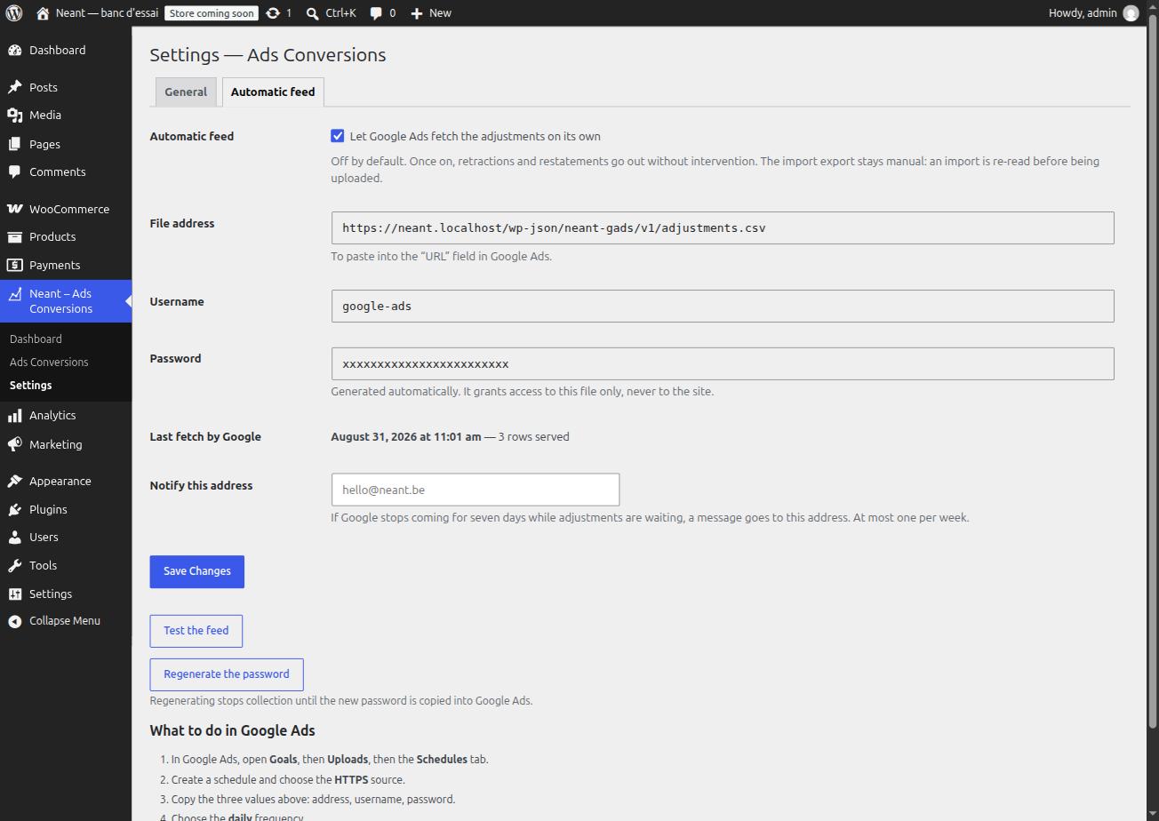 Automatic feed settings: address, username, password and the date of the last fetch.
