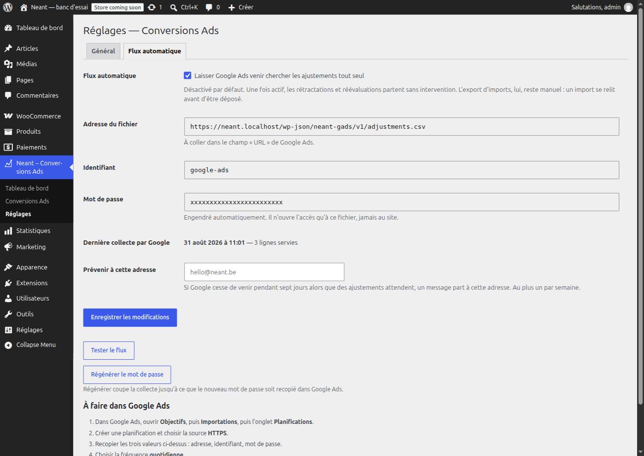 Réglages du flux automatique : adresse, identifiant, mot de passe et date de dernière collecte.